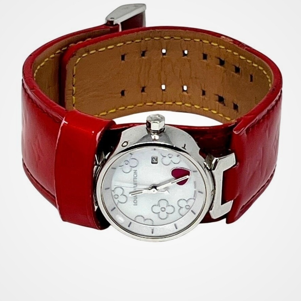 Louis Vuitton Tambour Pomme d Amour Watch Red Monogram Vernis Leather Q1216 - Picture 5 of 5